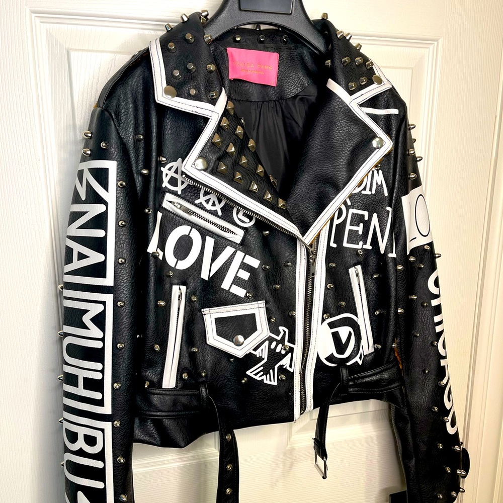 Azalea Wang Leopard Riveted Leather Jacket